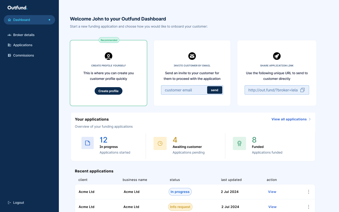 Outfund broker dashboard